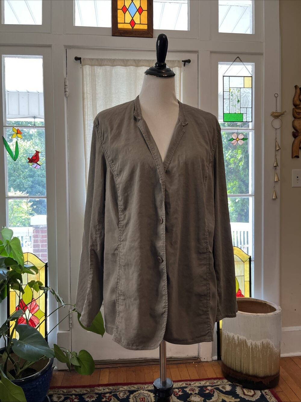 Eileen Fisher 1X Lightweight Linen Blend Jacket Blazer Button Green Viscose Boho